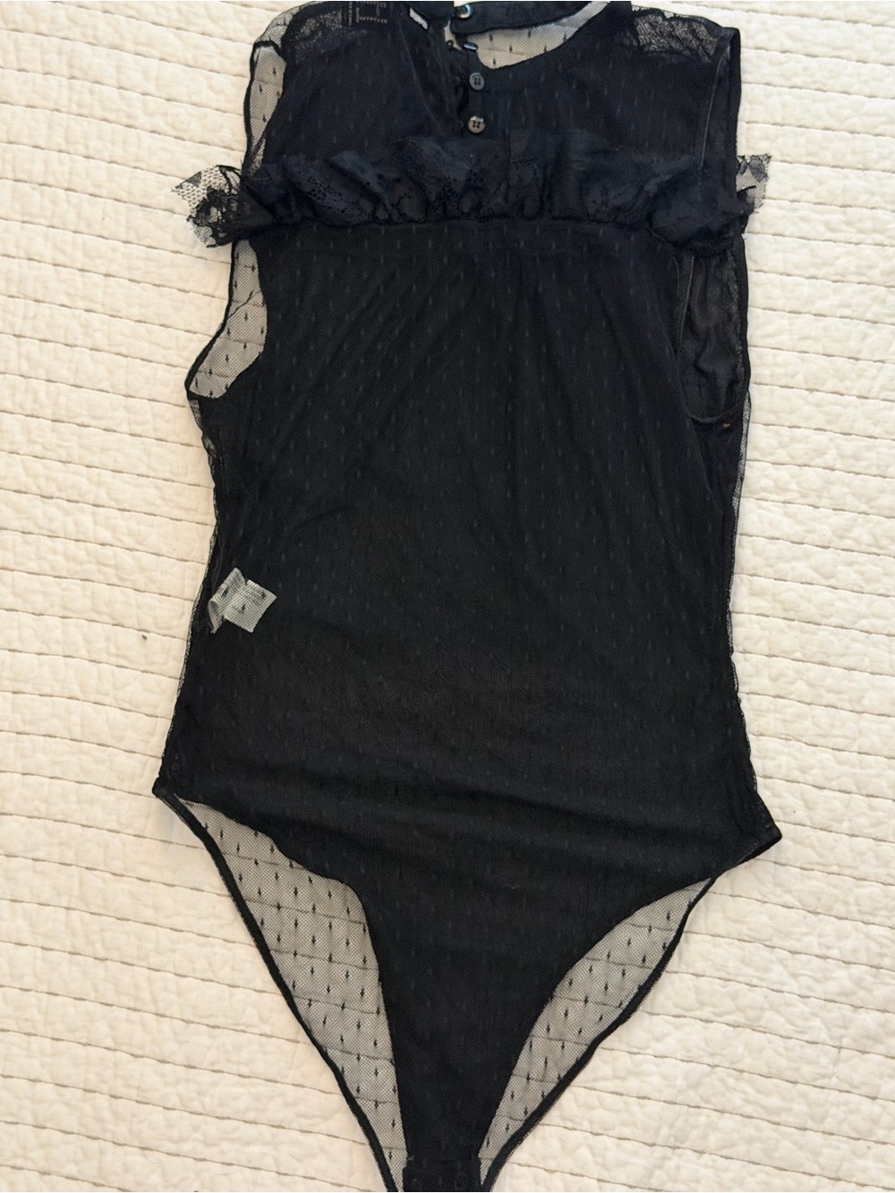 Forever 21 Black Sheer Dot Mesh Bodysuit with Ruffle Detail - Picture 2 of 3
